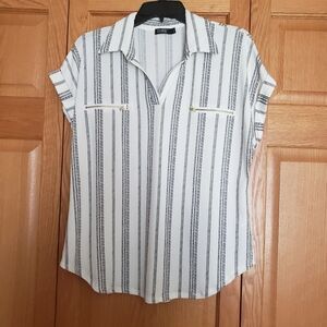Cure Womens White and Black Striped Blouse Top